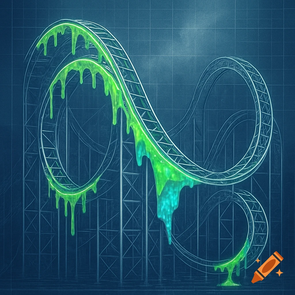 Blueprint illustration of a roller coaster dripping with vibrant green slime against a dark grid background.