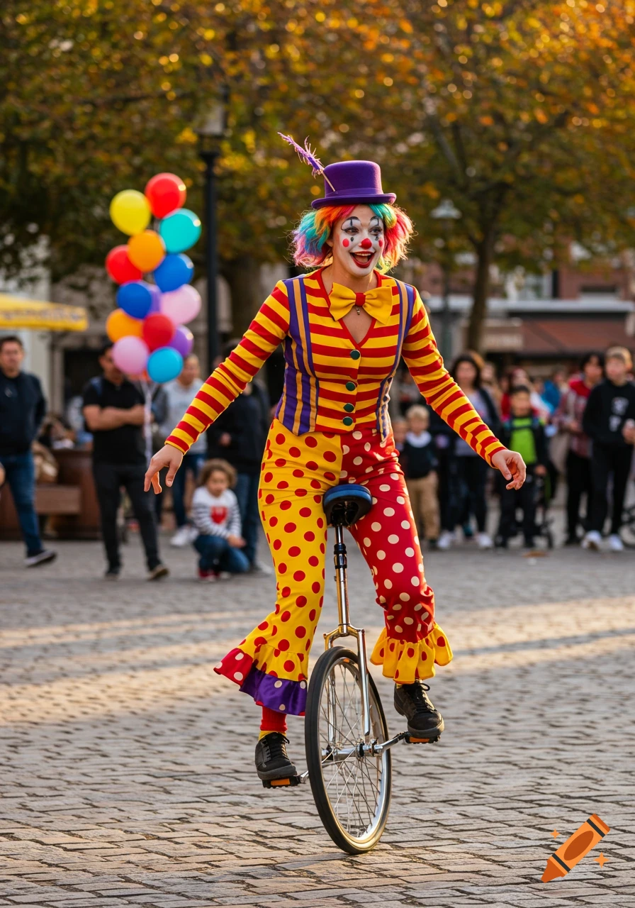 A colorful clown with rainbow hair and a purple top hat rides a unicycle on a cobblestone street with balloons in the background.