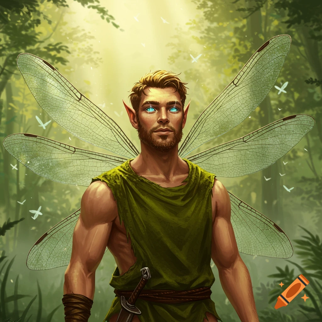 A digital illustration of a male dragonfly demi-human with a beard, glowing blue eyes, pointed ears, and large transparent wings, standing in a sunny forest.