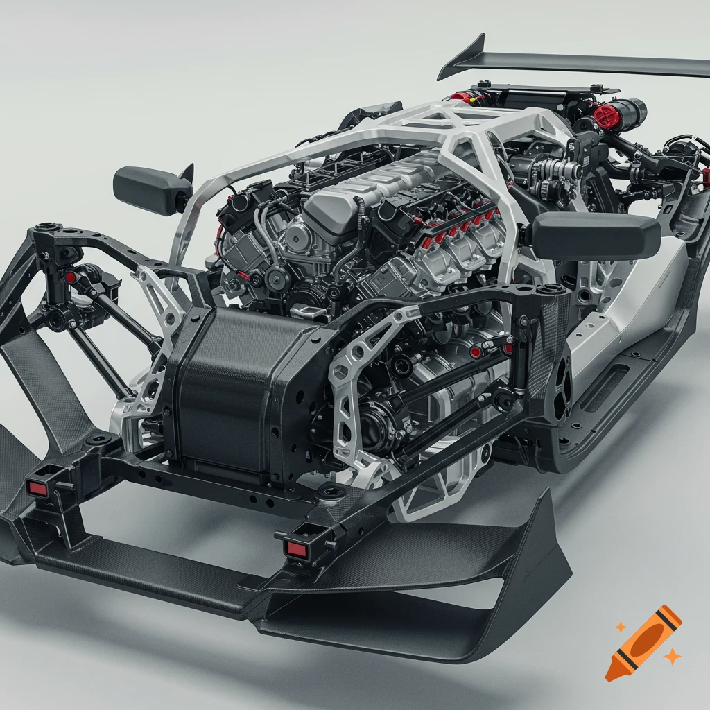 Detailed view of a vehicle platform showcasing the engine, CFRP central tub, and aluminum 3D printed nodes.