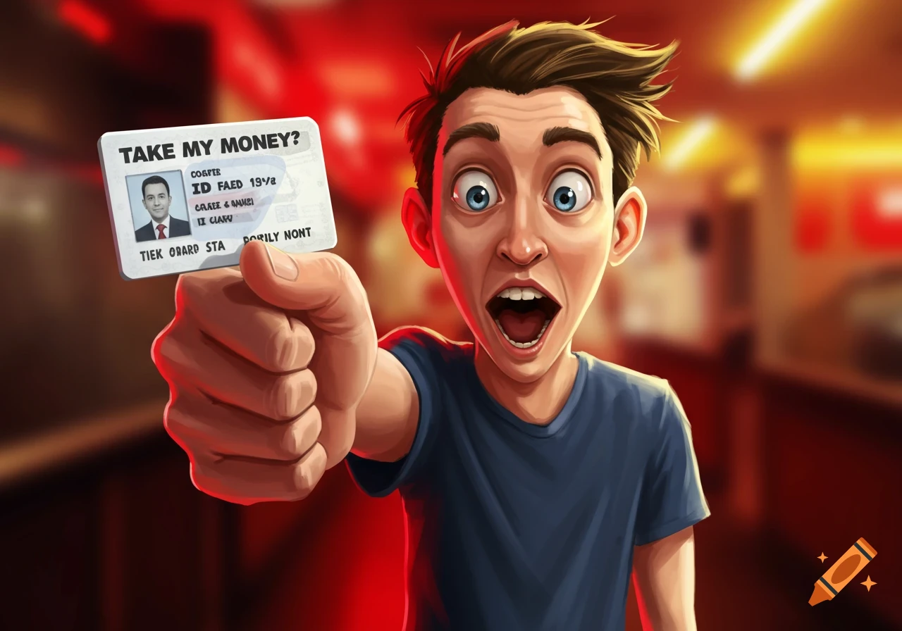 Cartoon man with wide eyes and open mouth holds an ID card saying 'TAKE MY MONEY?' in an expressive illustration.