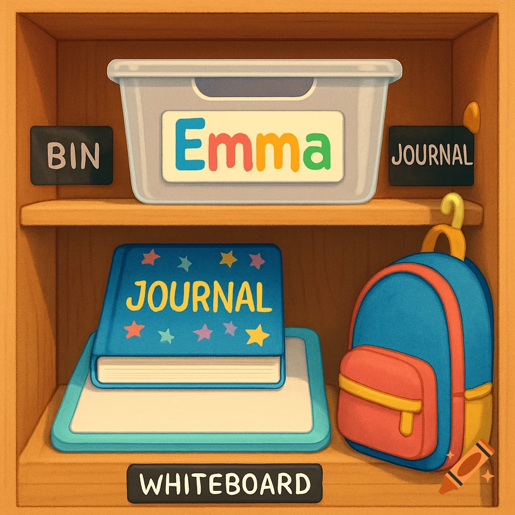 A colorful student cubby with a clear bin labeled 'Emma', a blue journal, a whiteboard, and a small backpack. Labels read 'BIN', 'JOURNAL', and 'WHITEBOARD'.