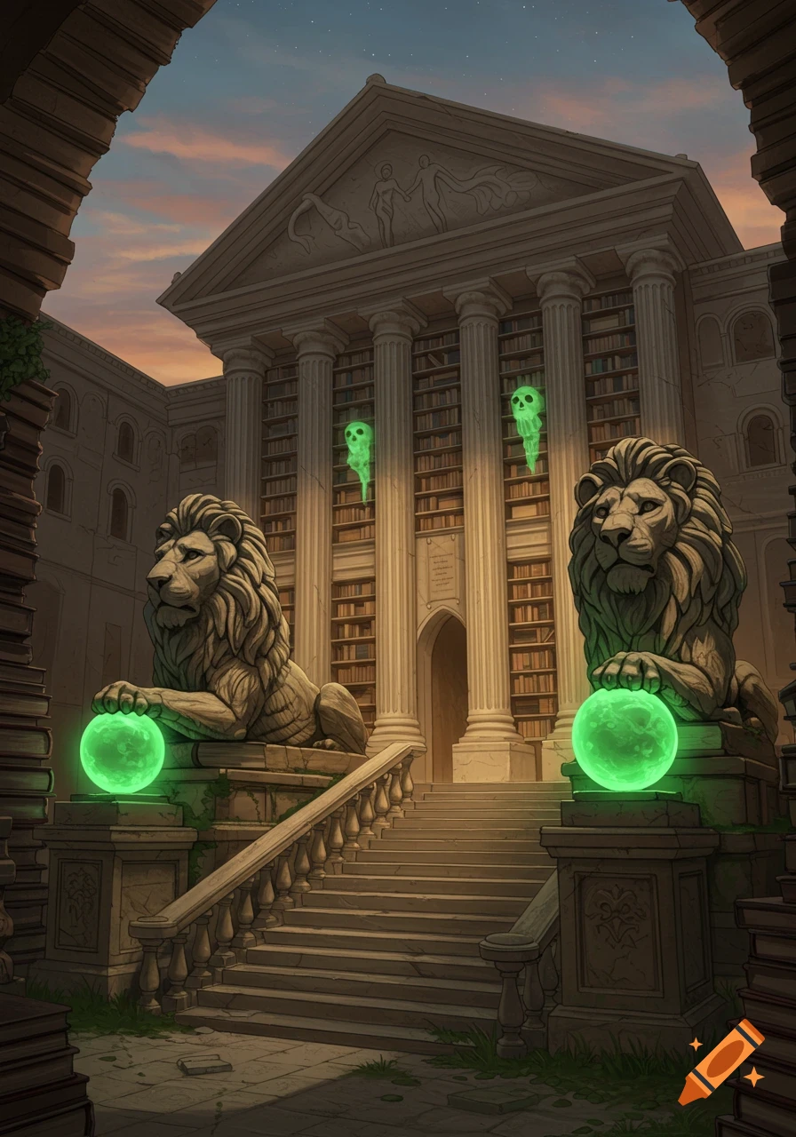 Fantasy library with a Greek Revival facade made of books, guarded by lion statues holding glowing green orbs, and floating green ghosts.