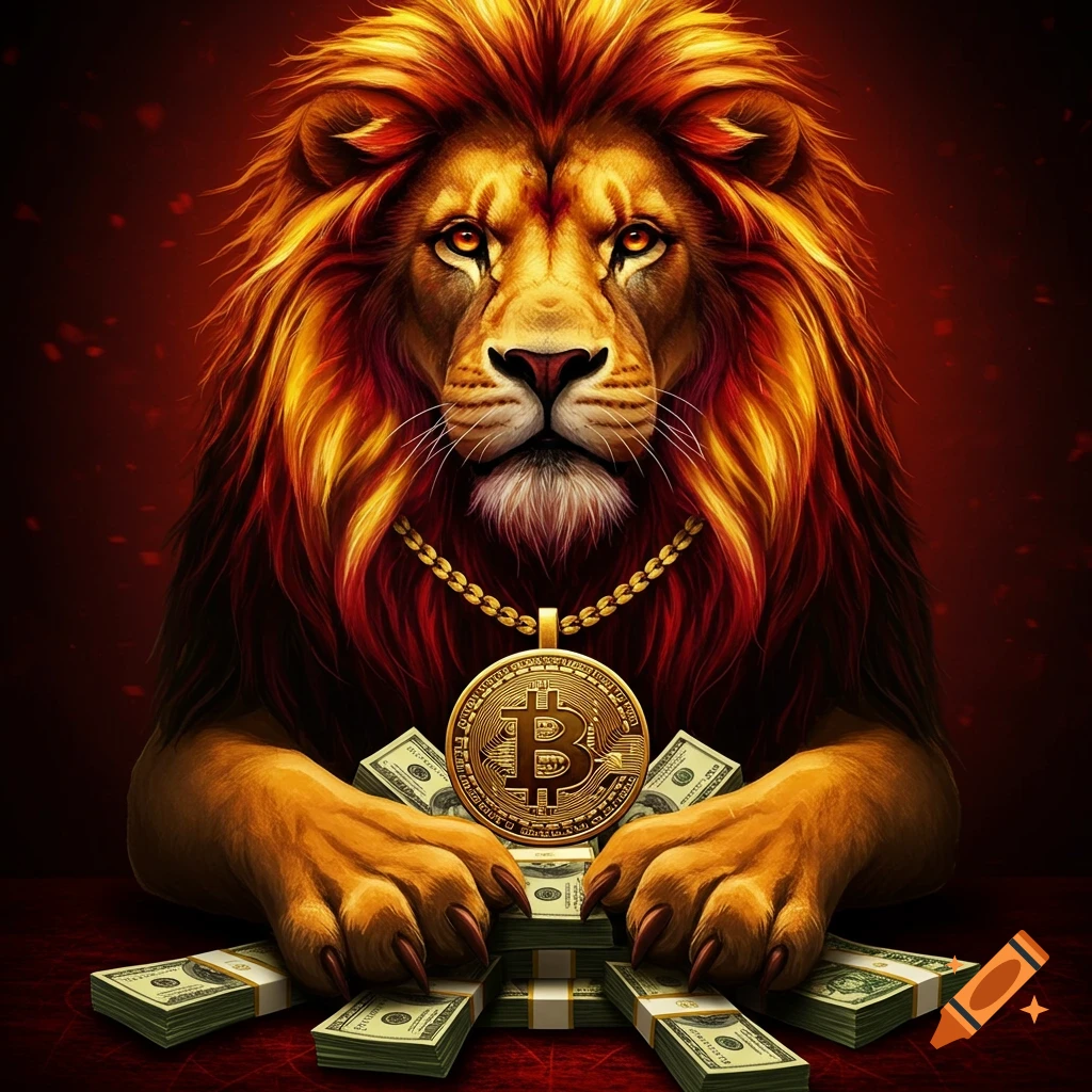 A majestic lion with a fiery gold and red mane wears a large golden Bitcoin medallion and rests its paws on stacks of U.S. dollar bills against a dark red background.