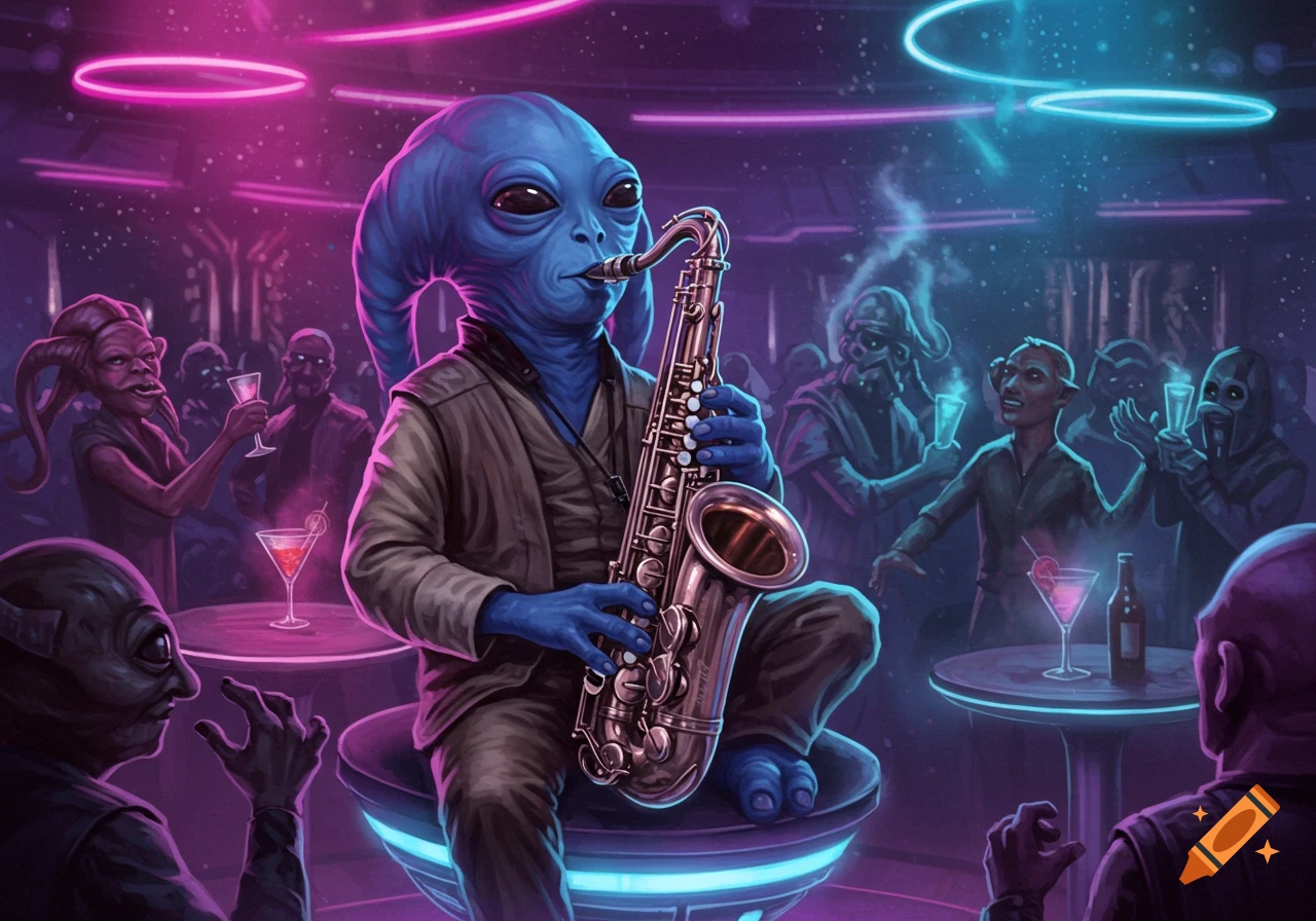 A blue-skinned alien, similar to Max Rebo, plays a saxophone in a neon-lit sci-fi bar filled with other aliens.