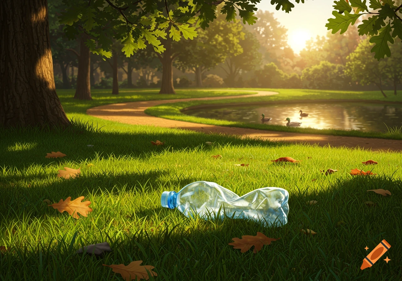 A crumpled plastic bottle lies on the green grass of a sunlit park with a path, pond, ducks, and trees.