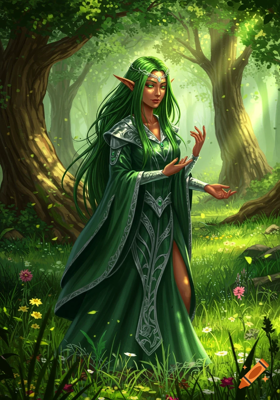 A green-haired elf woman in flowing green robes with a circlet stands in a sunlit forest with wildflowers.