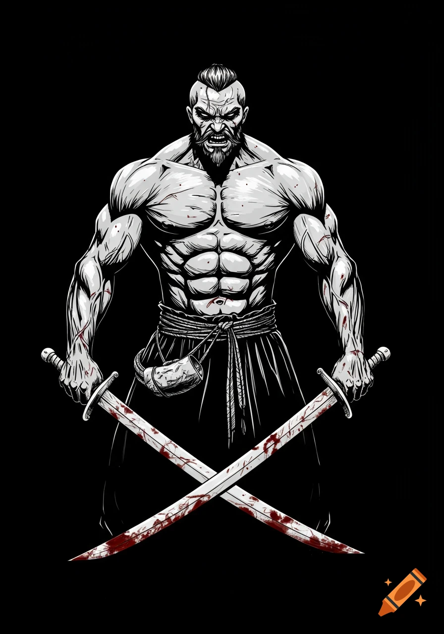 Stylized illustration of a muscular warrior with a mohawk and beard, holding two blood-stained crossed swords against a black background.