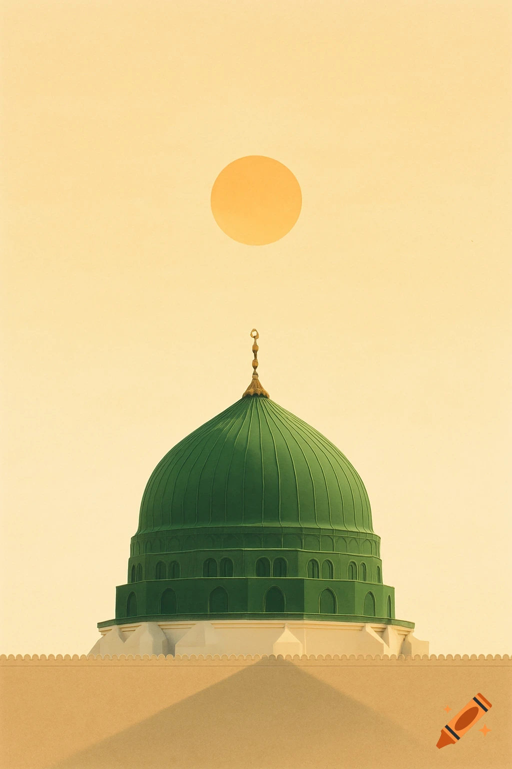 A minimalist poster featuring the green dome of a mosque, a golden finial, and a large orange sun in a clear sky.