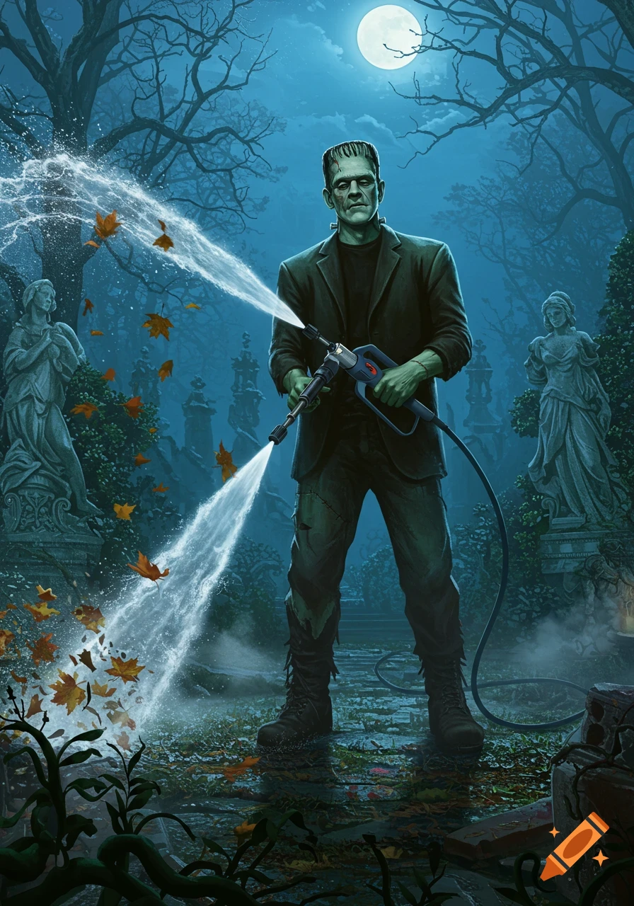 Frankenstein's monster uses a pressure washer to clear leaves in a dark, moonlit gothic garden with statues.