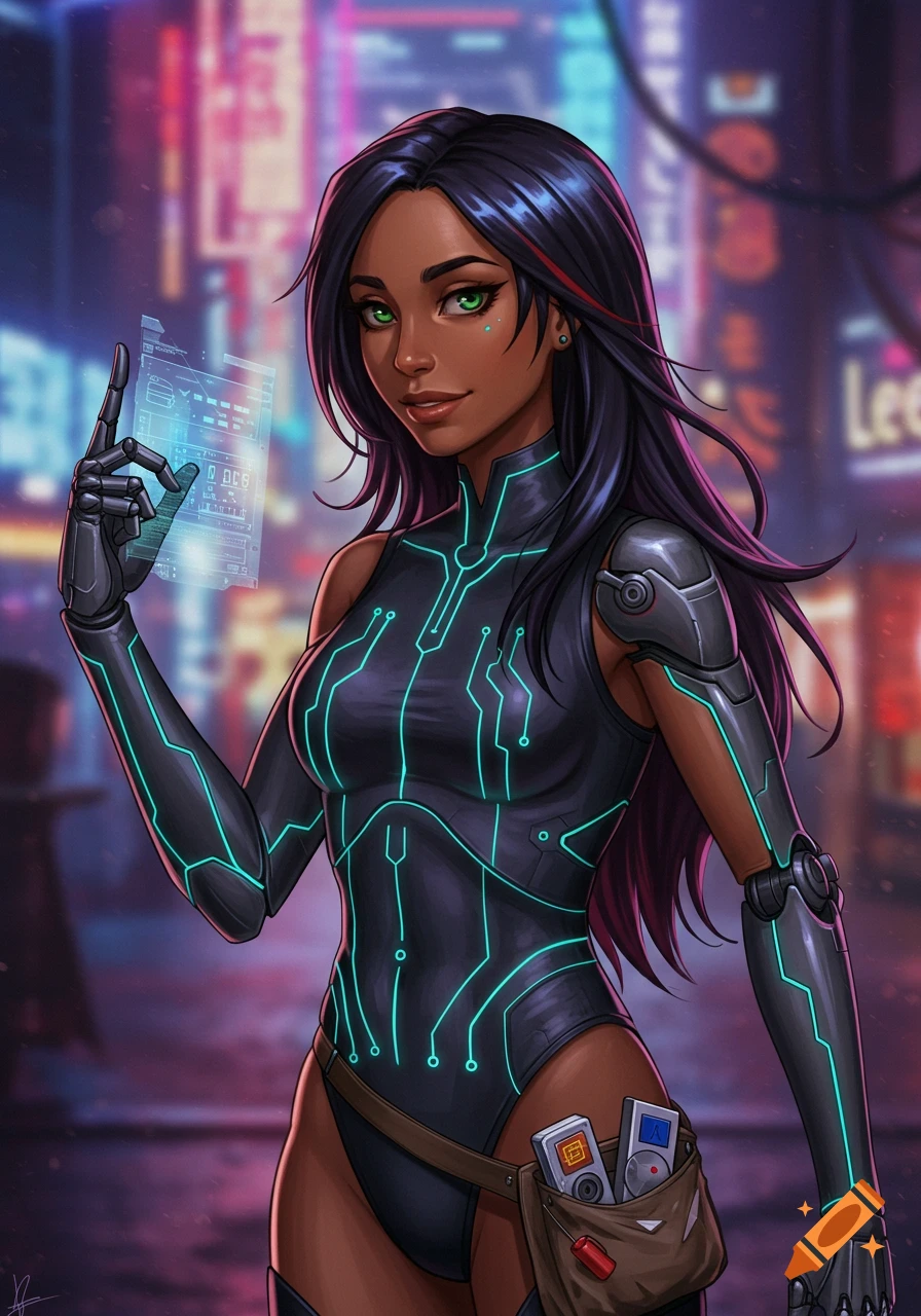 A cyberpunk woman with dark skin and long black hair, glowing green eyes, and a prosthetic arm, holding a holographic interface, in an anime style.