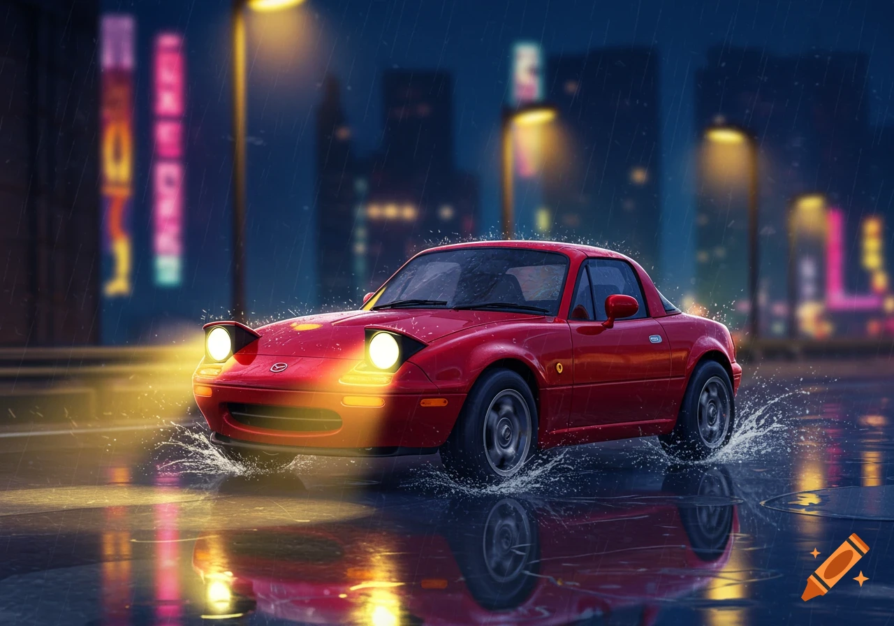 A cartoonish red Mazda Miata drives through a rainy city street at night, with bright pop-up headlights illuminating the wet road.