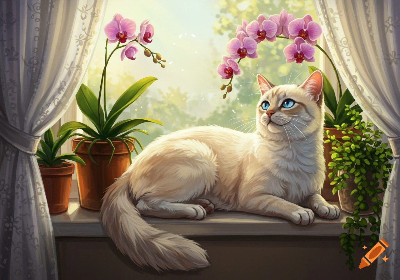 A light cream-colored cat with blue eyes rests on a windowsill, surrounded by vibrant pink orchids and green plants.