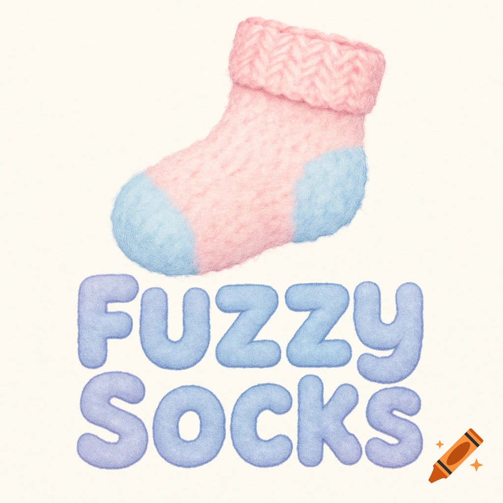 Logo featuring a pink and blue fuzzy sock above the words 'Fuzzy Socks' in a fuzzy, light blue font.