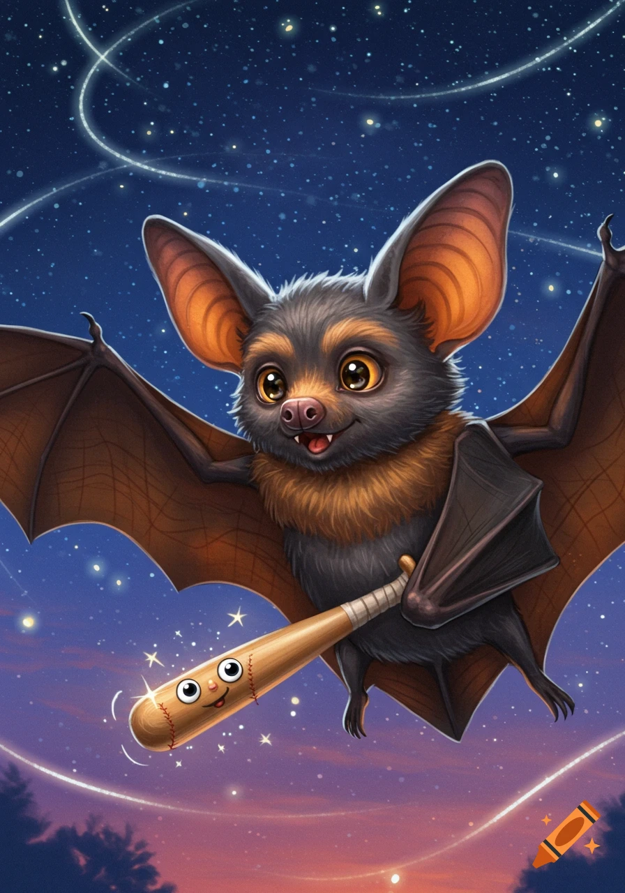A cute, fluffy cartoon bat flies through a starry night sky, holding a smiling baseball bat.