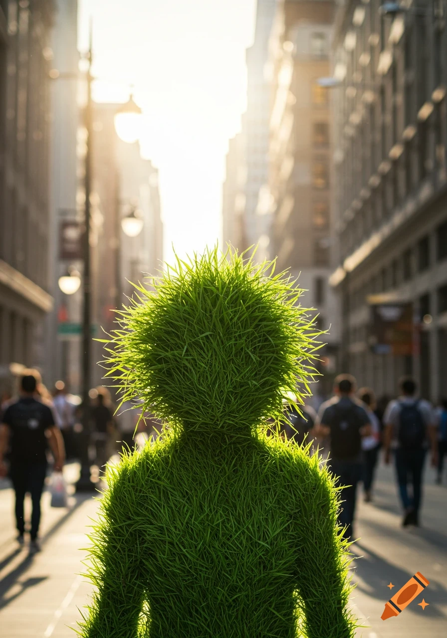 A person-shaped figure covered entirely in vibrant green grass walks down a sunlit urban sidewalk, with blurred city buildings and people.
