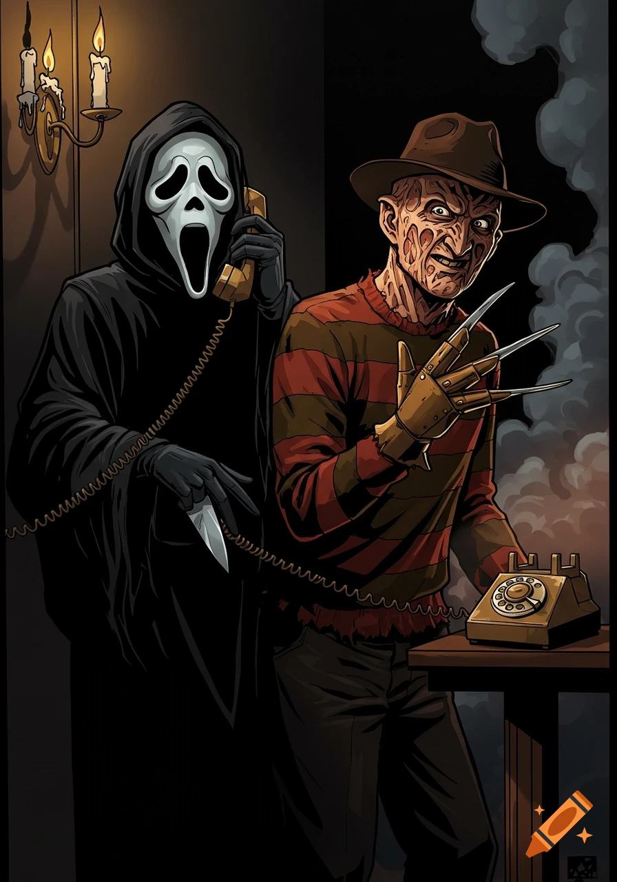 Stylized illustration of Ghostface holding a knife and a phone, standing next to Freddy Krueger with his bladed glove near an old telephone.
