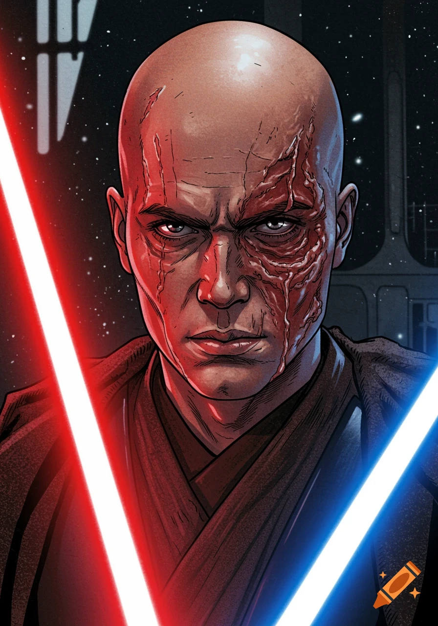 Close-up comic art of a bald, scarred man with an intense expression, framed by red and blue lightsabers, against a dark space background.