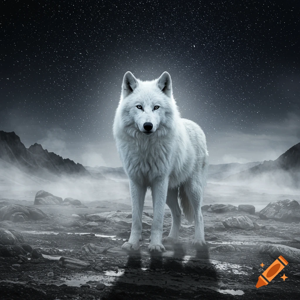 A majestic white wolf stands in a misty, rocky landscape under a starry night sky, looking directly at the viewer. Photorealistic.