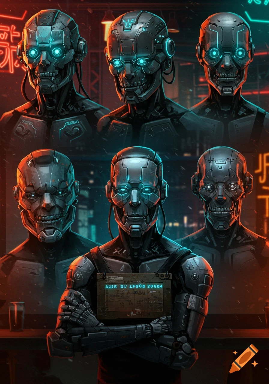 A collage of six cyberpunk robot mugshots. The central robot holds a sign with blue text in a neon-lit bar setting.