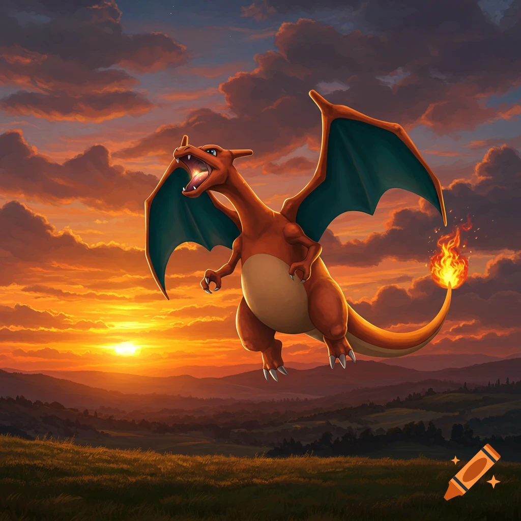 A powerful Charizard with orange scales and green wings flies above a green landscape, silhouetted by a vibrant orange and purple sunset.