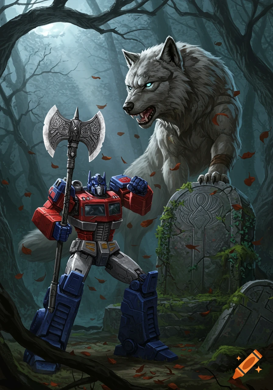 Optimus Prime, holding a large axe, stands ready to fight a snarling white wolf in a dark, misty forest with ancient gravestones. Digital illustration.