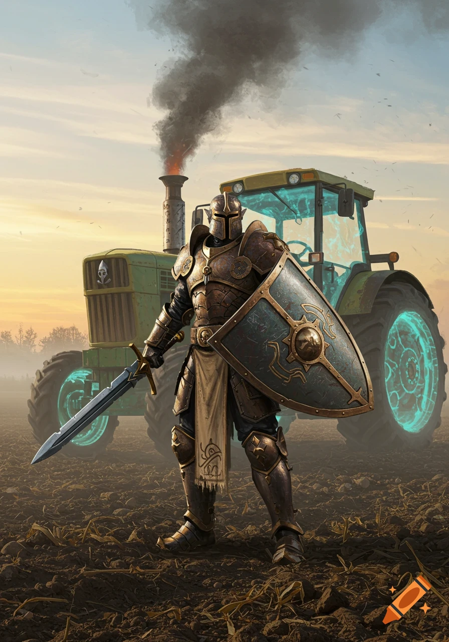 A heavily armored warforged fighter with a sword and shield stands in a plowed field, a glowing green tractor with an arcane engine in the background.