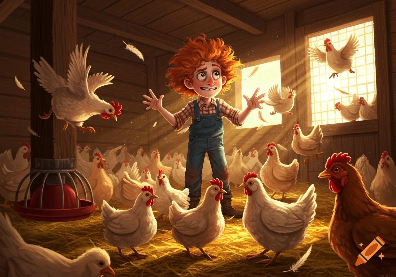 Frazzled red-haired child in overalls surrounded by many chickens in a sunny wooden coop, feathers flying, in an illustration.
