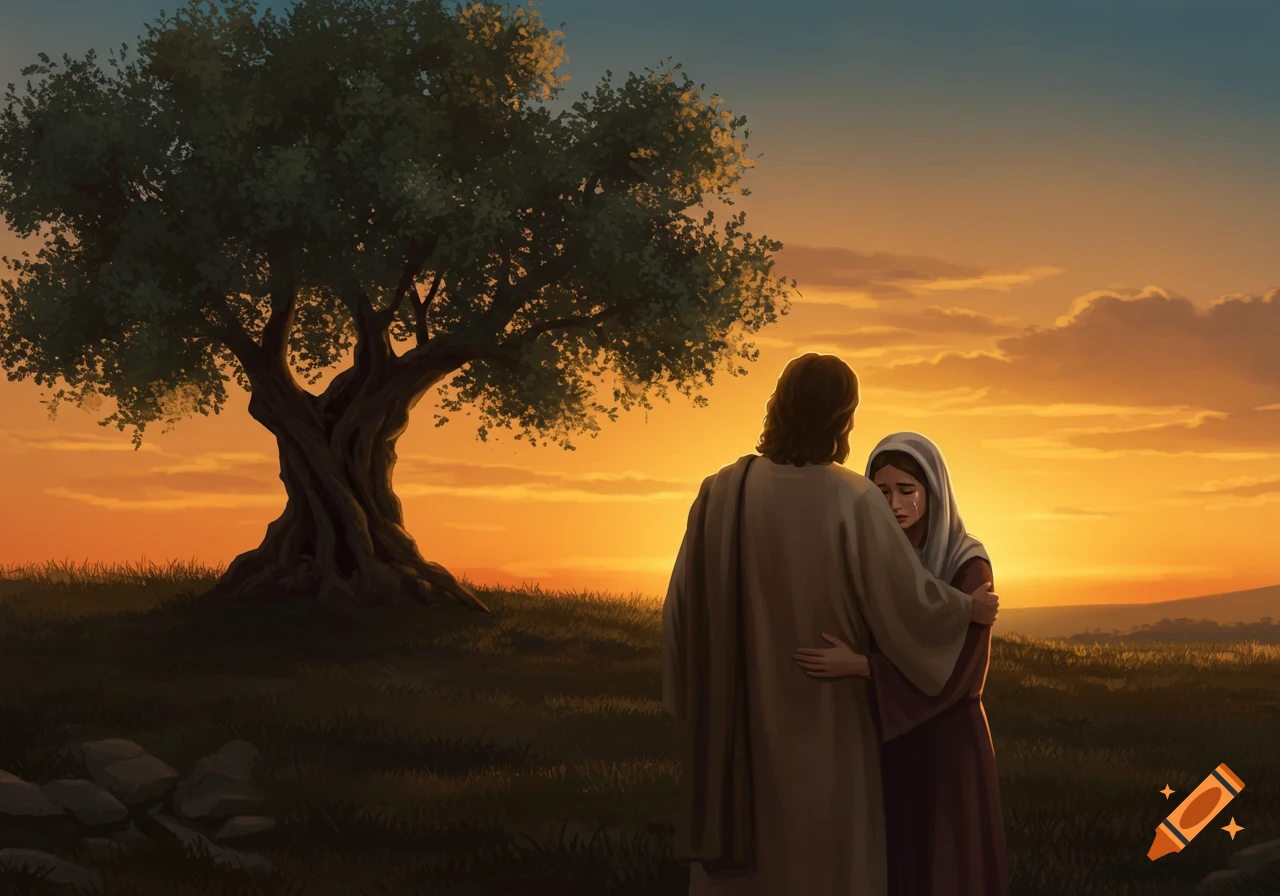 Jesus comforts a crying woman at sunset under a large tree, in an illustrative style.