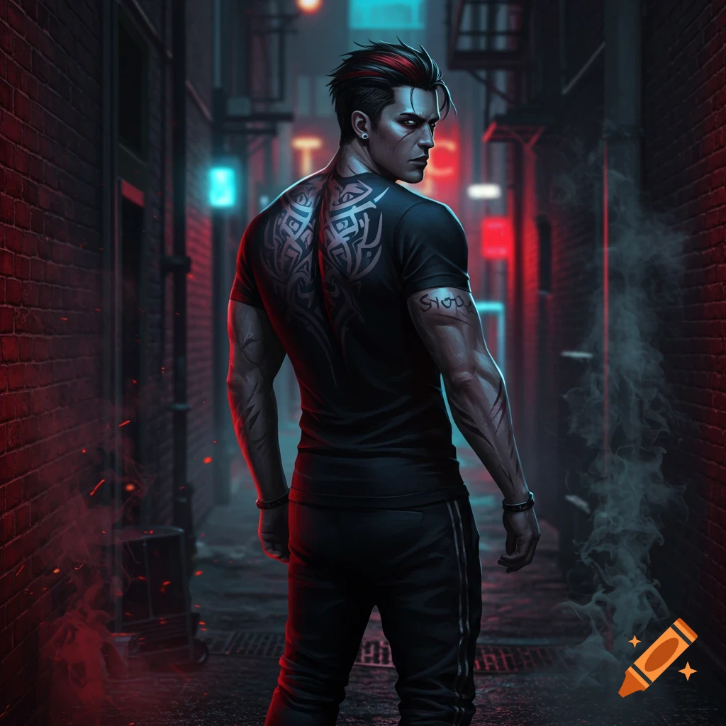 A stylized man with red-streaked black hair and tribal back tattoos stands in a dark, neon-lit urban alley.