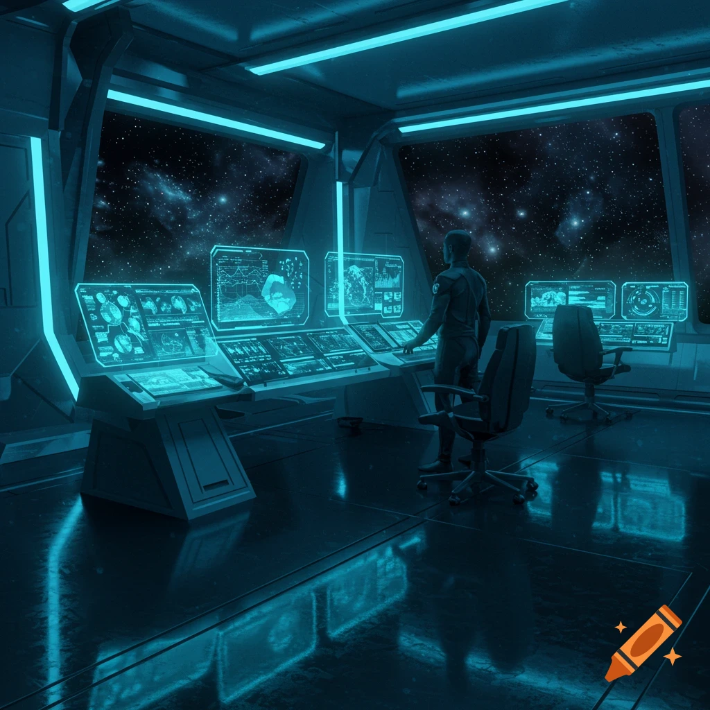 A person stands in a futuristic spaceship cockpit, looking out at a starry galaxy, with glowing blue holographic displays.
