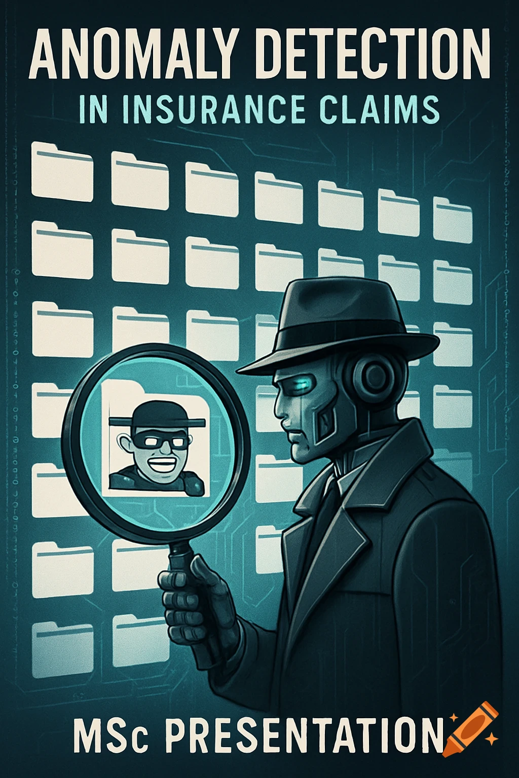 Robot detective with a magnifying glass finds a cartoon criminal in a folder, surrounded by files with text 'Anomaly Detection in Insurance Claims'.