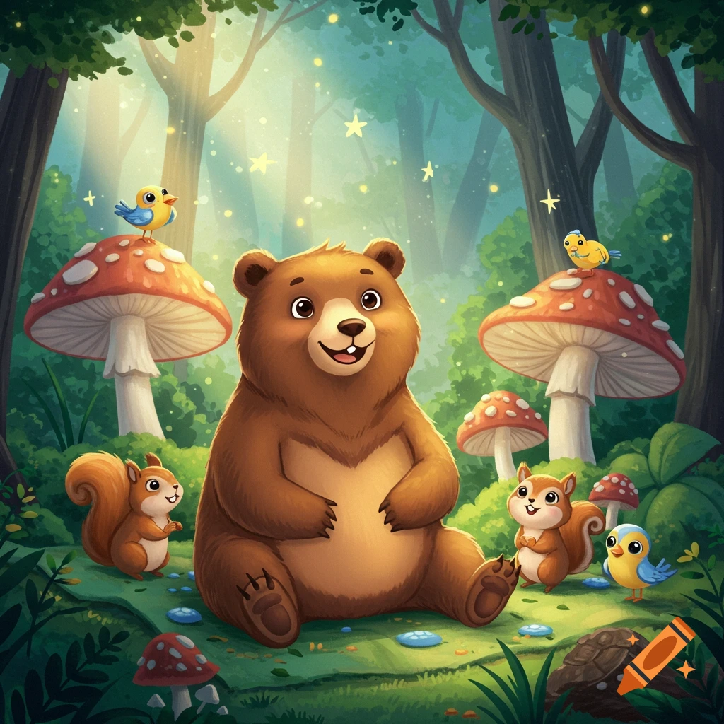 A cute cartoon bear sits happily in a magical forest clearing, surrounded by squirrels, birds, and red-capped mushrooms, with glowing lights in the trees.