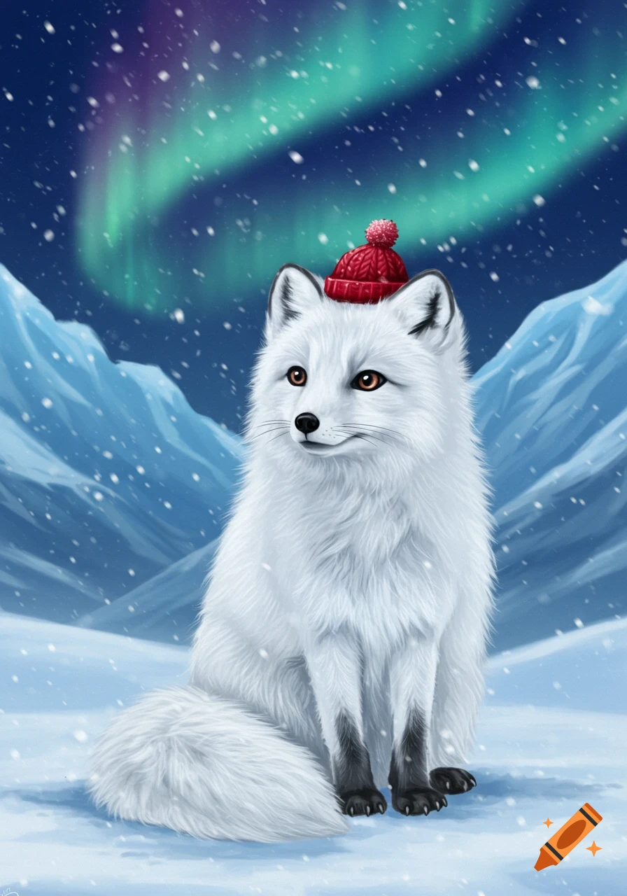 A cute white arctic fox wearing a red knitted hat sits in a snowy landscape under the northern lights.
