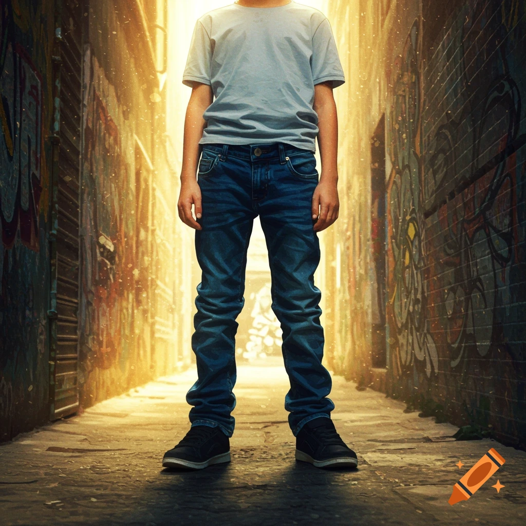 A boy in a grey t-shirt and dark blue jeans stands in a brightly lit, graffiti-covered urban alley.