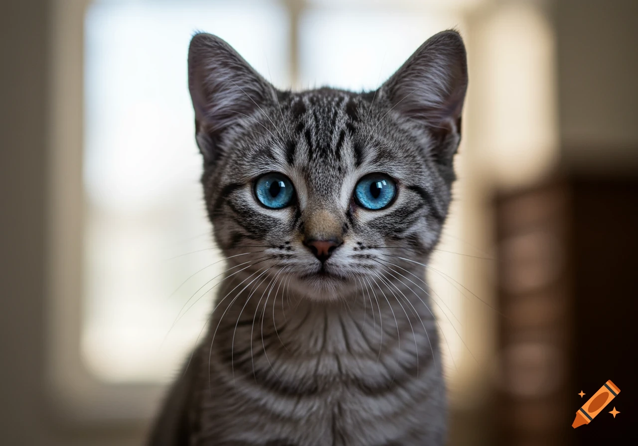 A close-up, photorealistic shot of a gray and black striped cat with striking blue eyes, looking directly at the viewer.