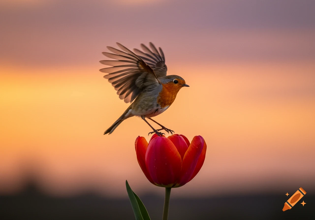 A robin bird with wings spread delicately lands on a red tulip at sunset, with a vibrant orange and pink sky.