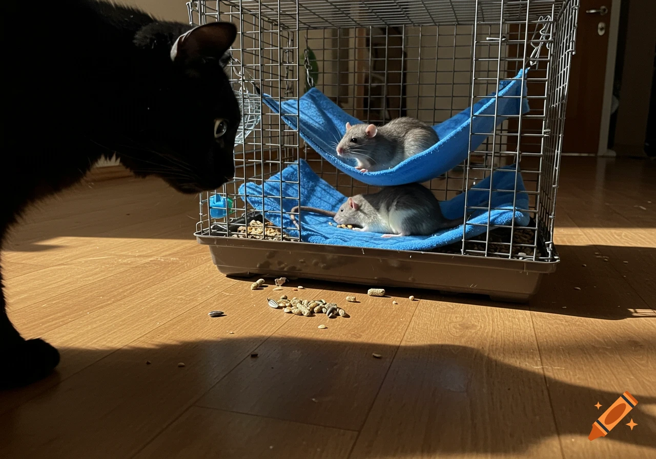 A black cat peers intently at two small rats resting in blue hammocks inside a wire cage on a wooden floor.
