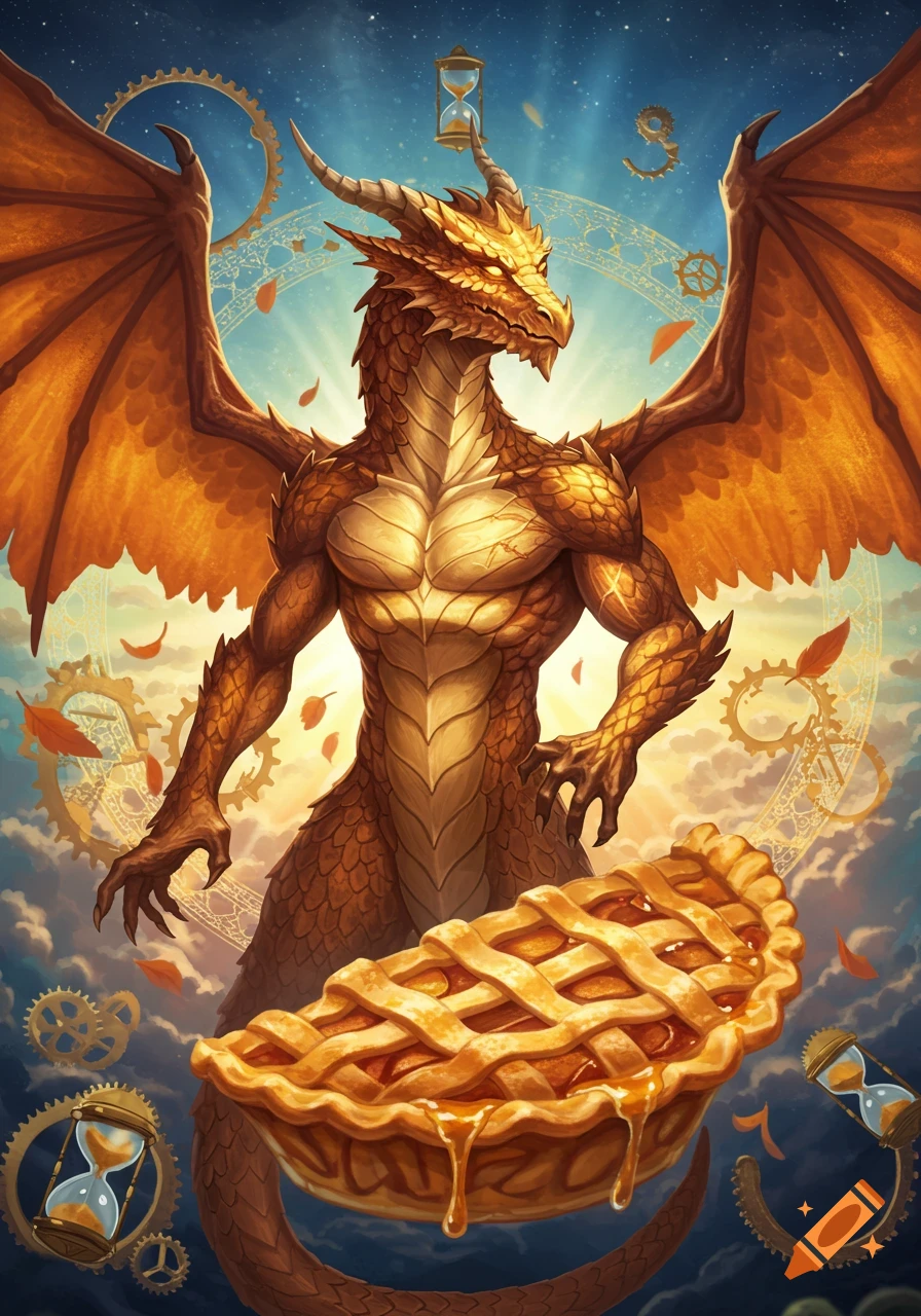 A muscular, golden-orange winged dragon stands behind a large, dripping apple pie, set against a sky with gears and hourglasses.