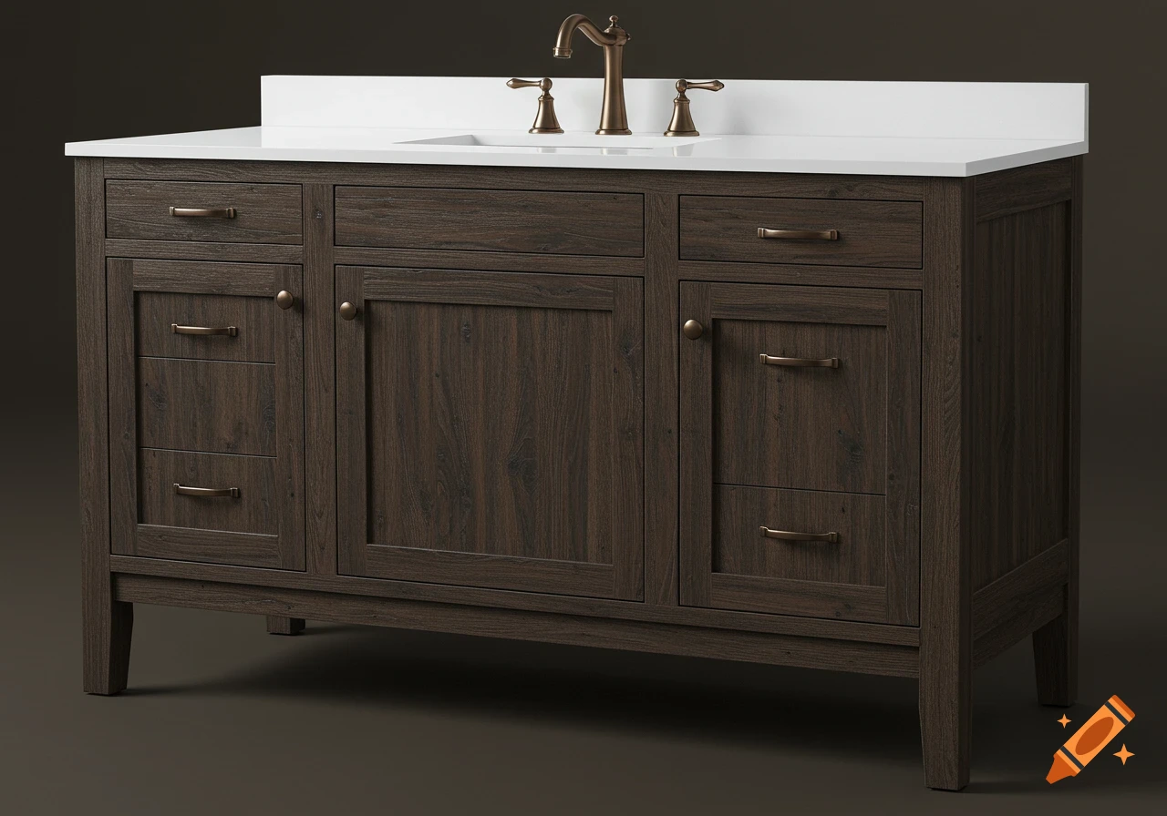A dark rustic wooden bathroom vanity with a white countertop, bronze faucet, central double-door cabinet, and side drawers.