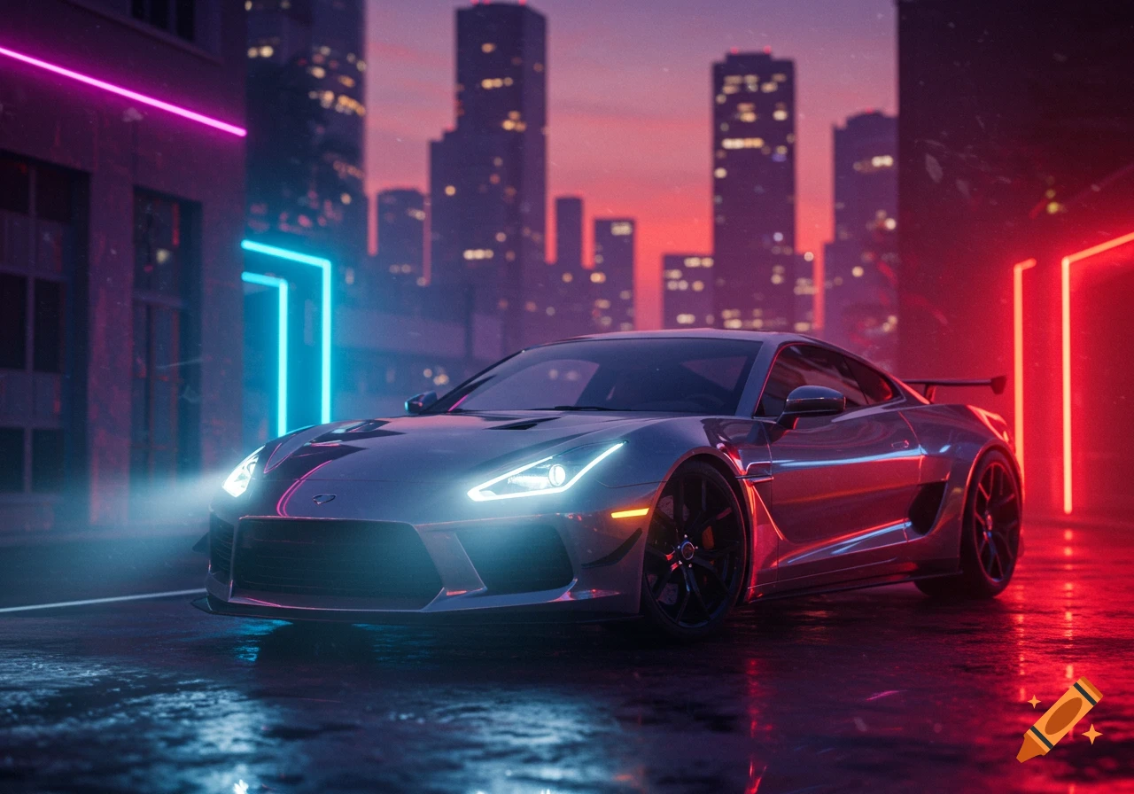 A sleek silver sports car with glowing headlights on a wet city street at night, surrounded by vibrant neon lights and a blurry cityscape.