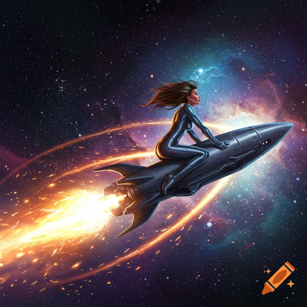 A woman in a sleek dark suit rides a rocket through a colorful, star-filled galaxy, with a fiery exhaust.
