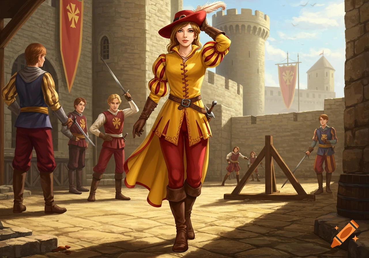 A woman in a yellow and red medieval page's outfit with a red feathered hat stands in a castle courtyard with other sword-wielding men.