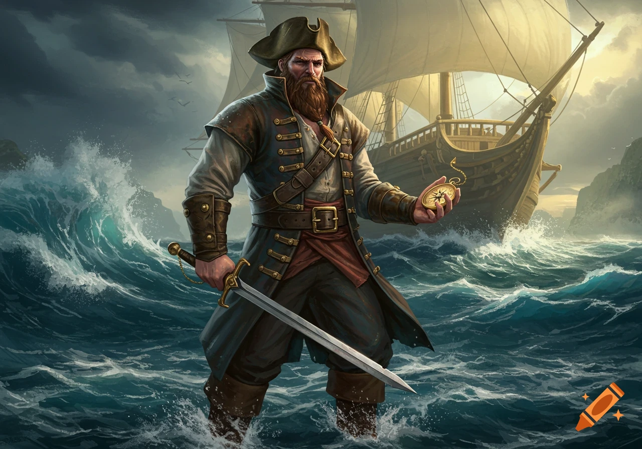 Fierce bearded pirate captain with a sword and compass stands in rough ocean waves, his ship behind him under a stormy sky.