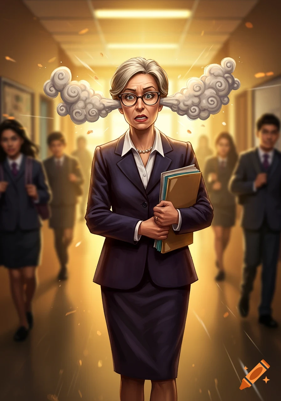 A stressed female teacher with steam coming from her ears stands in a school hallway, holding books, in a stylized illustration.
