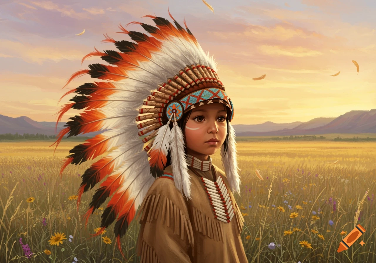 A young Native American child wearing a large, colorful feathered headdress and fringed tunic stands in a golden field at sunset.