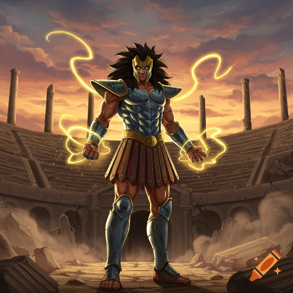 Muscular Saiyan-style Greek warrior in armor with glowing energy in a ruined amphitheater at sunset.