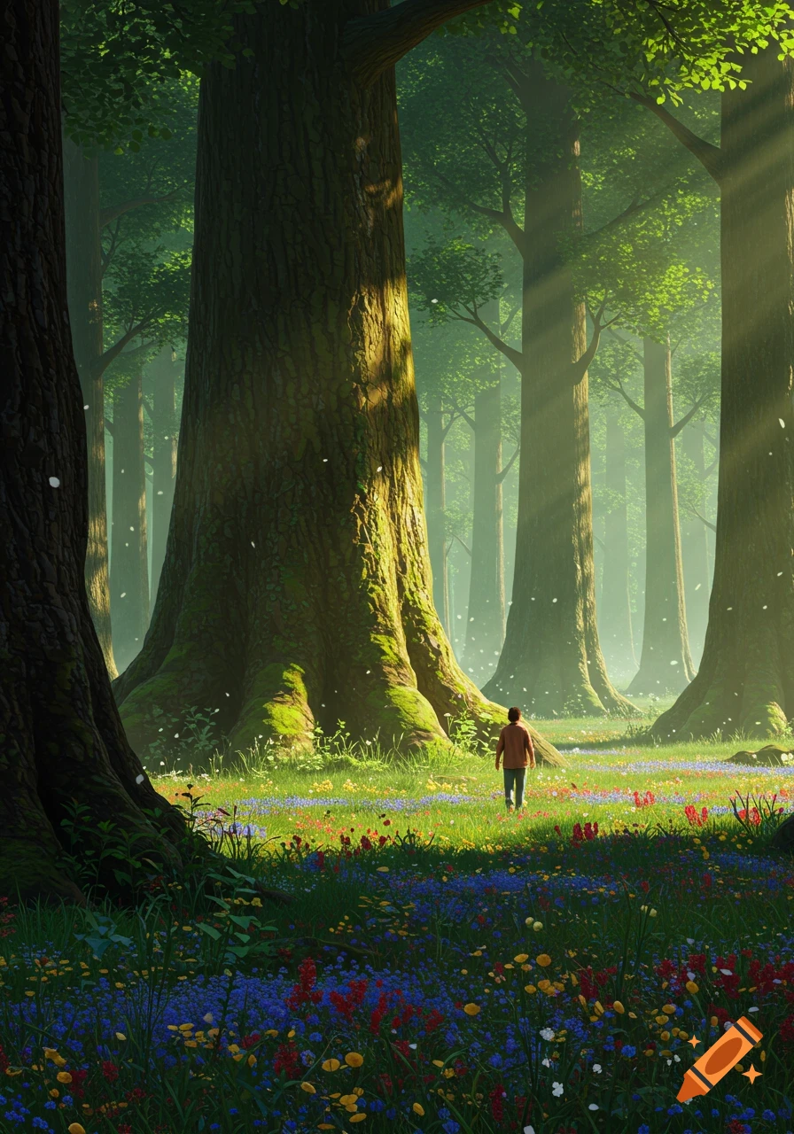 A lone figure walks through a lush, sun-dappled forest with towering trees and a vibrant meadow of colorful wildflowers.