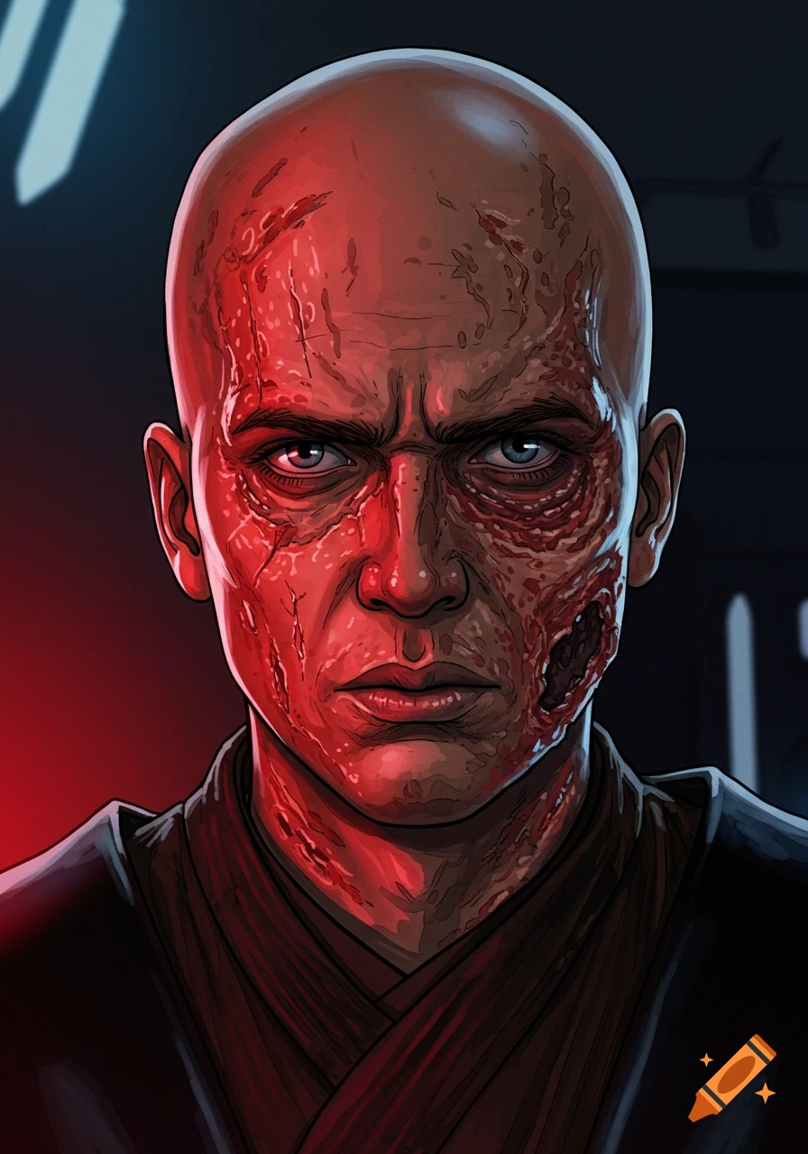 A comic book style portrait of Anakin Skywalker with a bald, severely scarred face, lit by red and blue lights.