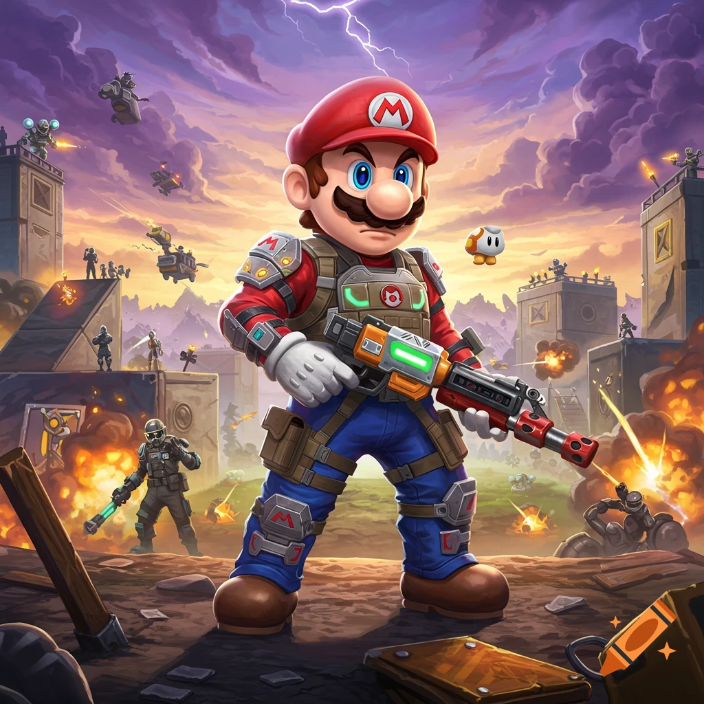 Stylized illustration of Mario in military gear holding a sci-fi gun amidst an intense battle with explosions and lightning.